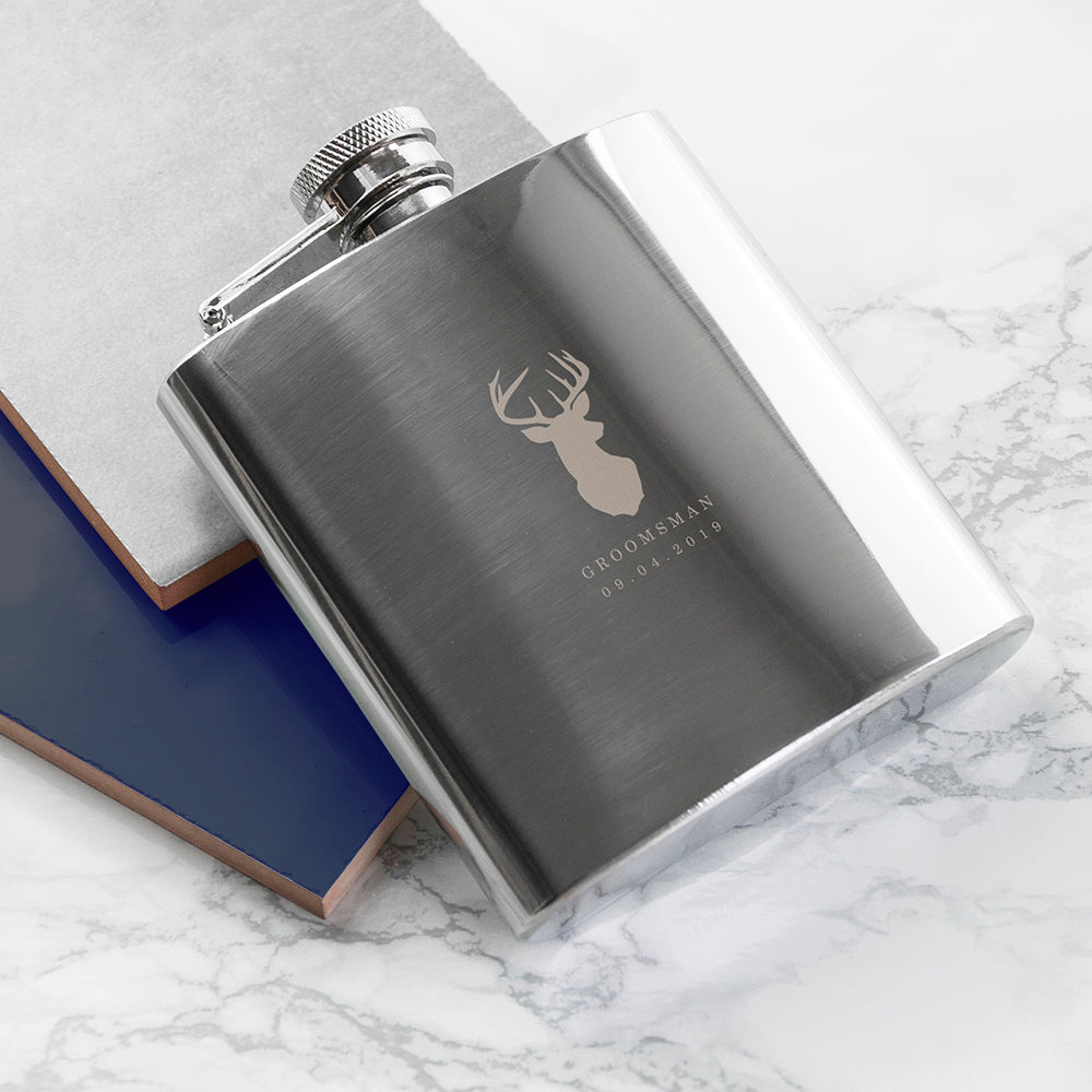 Personalized engraved stainless steel 6oz stag-hip flask for groomsmen and bachelor party gift, polished metal finish with custom name engraving option
