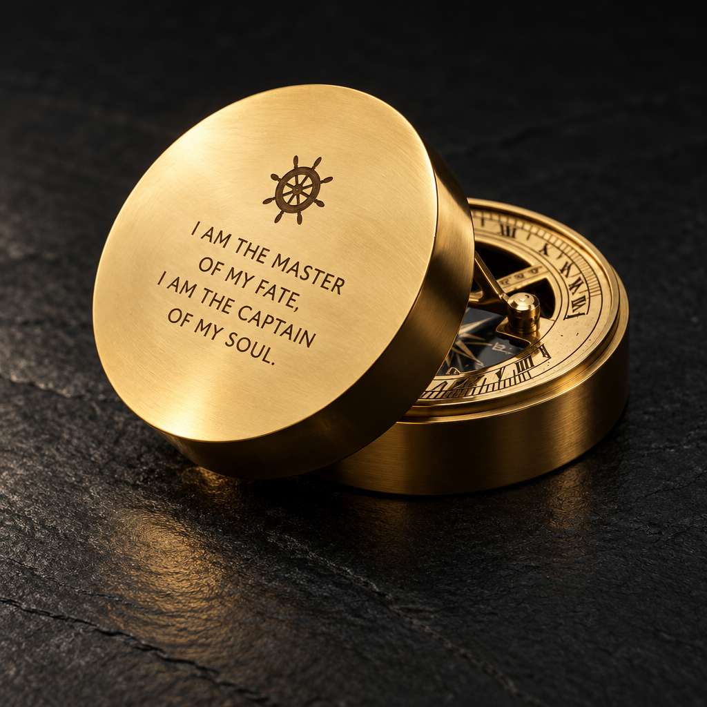 Custom engraved brass compass featuring a traditional ship's wheel helm icon for leaders, captains, and nautical gifts.