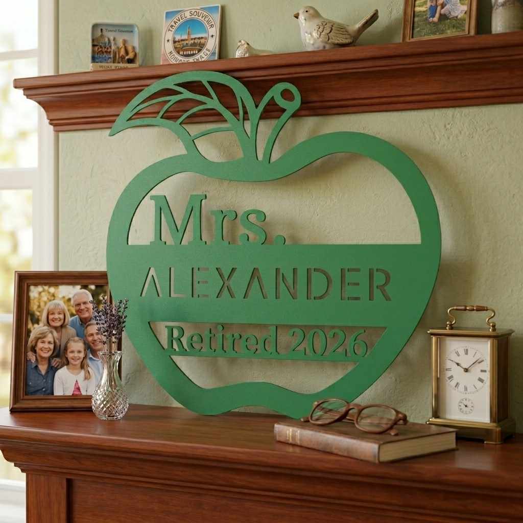 Green apple-shaped sign with 'Mrs. Alexander Retired 2026' on a wooden mantel.