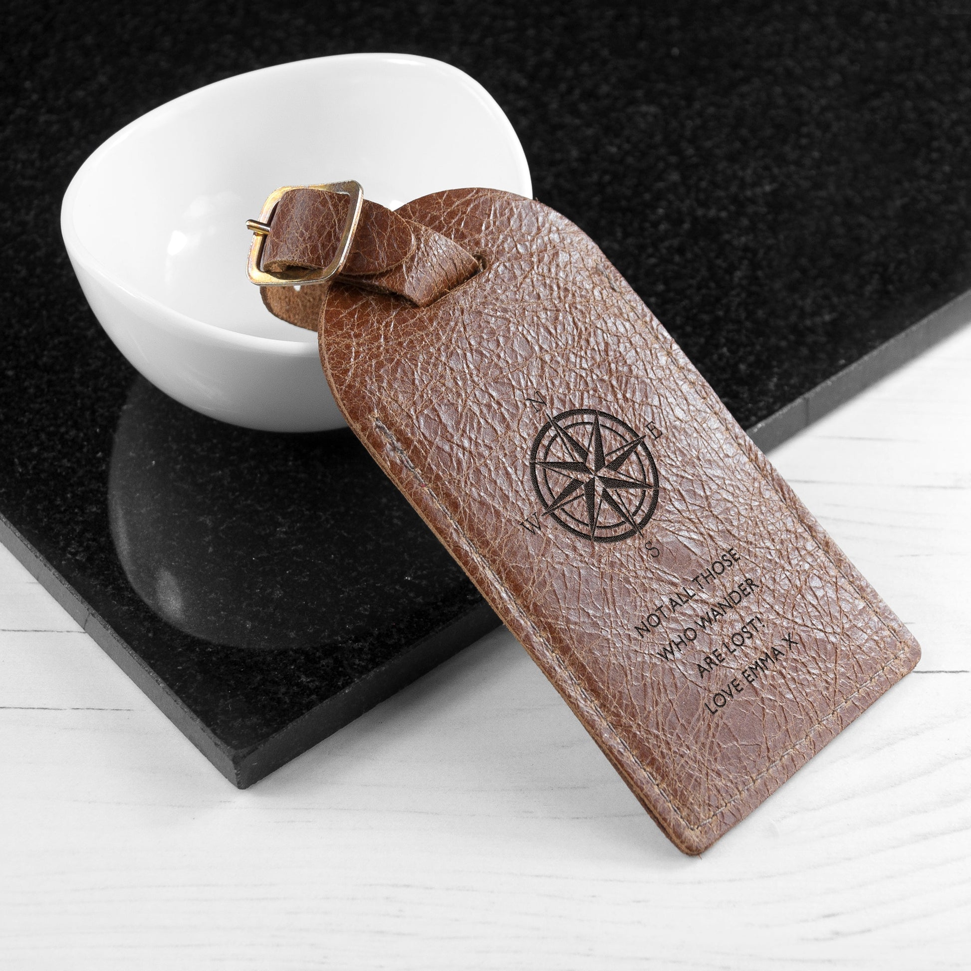 Personalized Travel Compass Leather Luggage Tag  Leather Luggage Tags Deeply Engraved