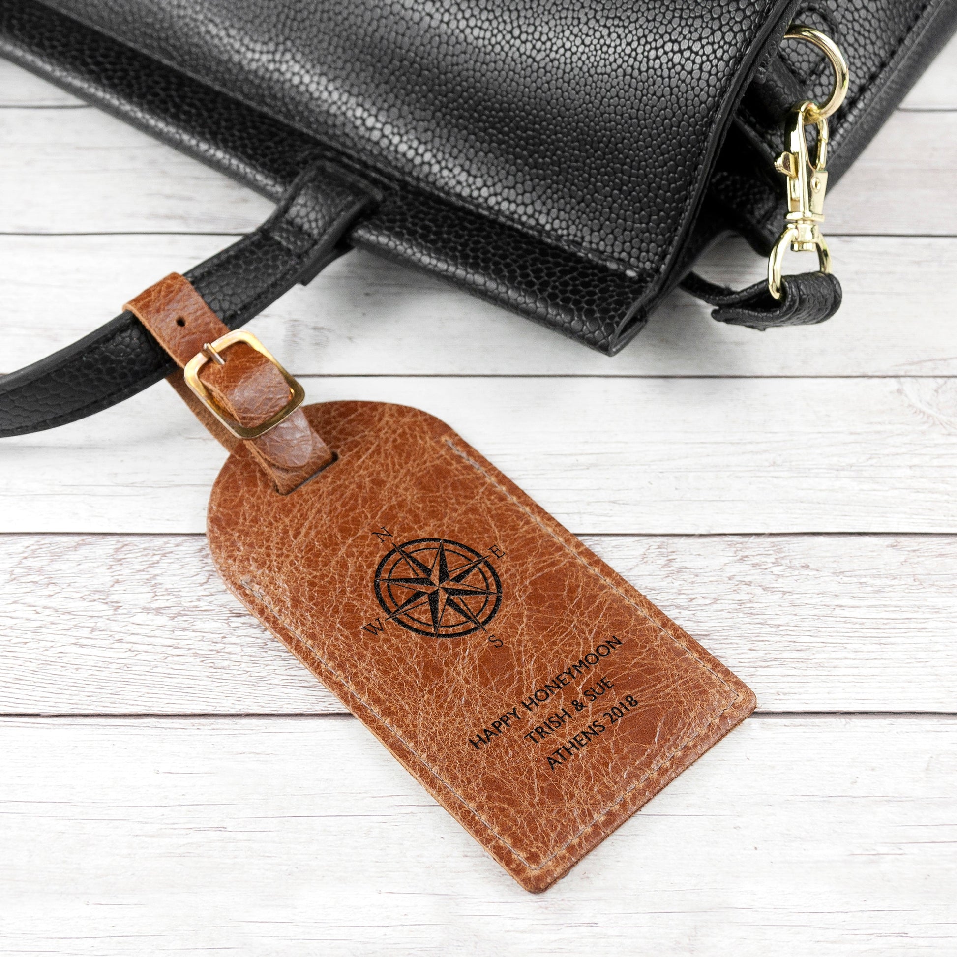 Personalized Travel Compass Leather Luggage Tag  Leather Luggage Tags Deeply Engraved