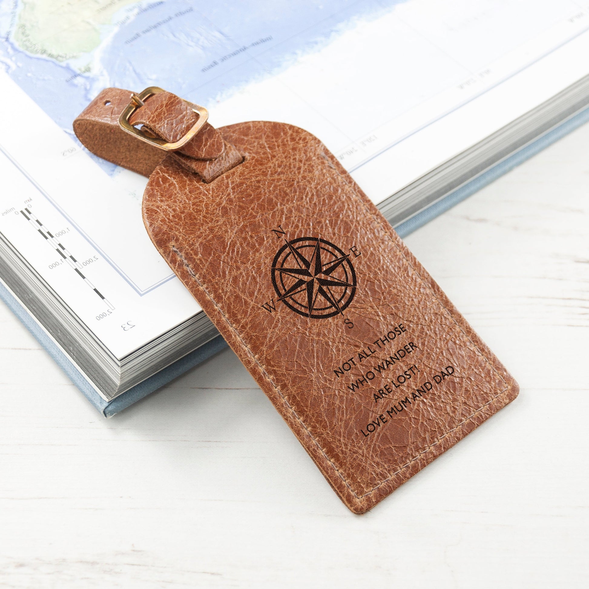 Personalized Travel Compass Leather Luggage Tag  Leather Luggage Tags Deeply Engraved