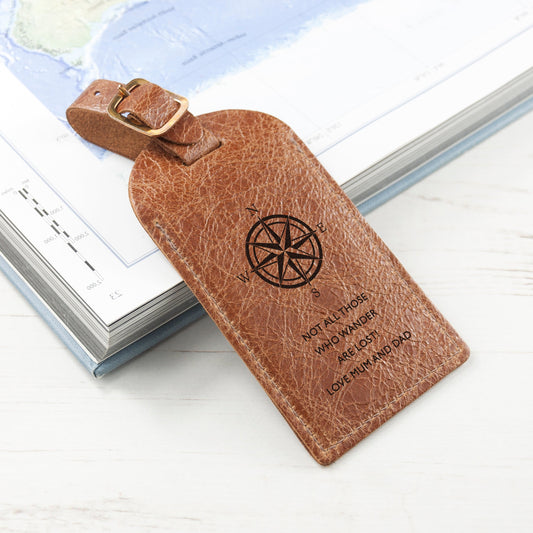 Personalized Travel Compass Leather Luggage Tag  Leather Luggage Tags Deeply Engraved
