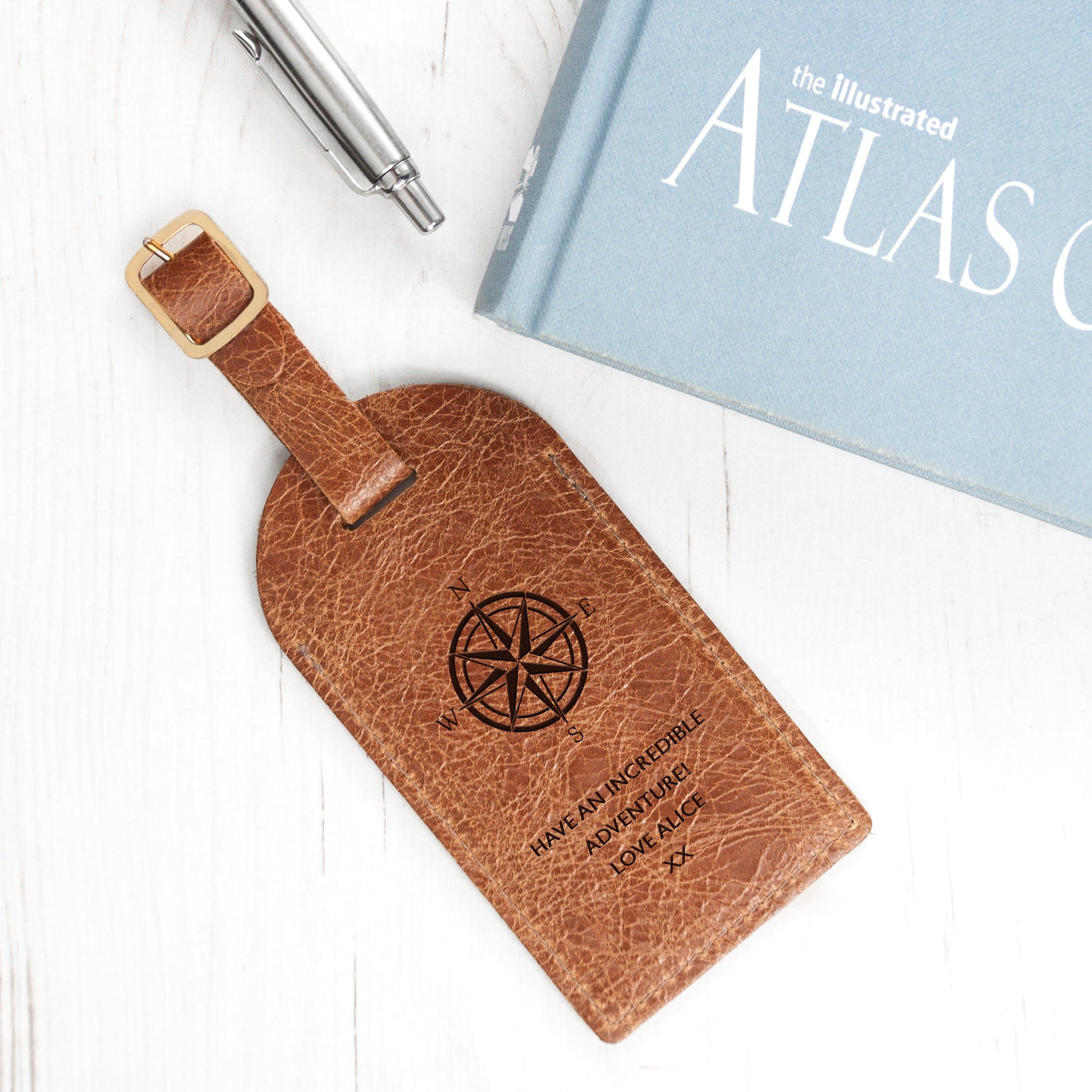 Personalized Travel Compass Leather Luggage Tag  Leather Luggage Tags Deeply Engraved