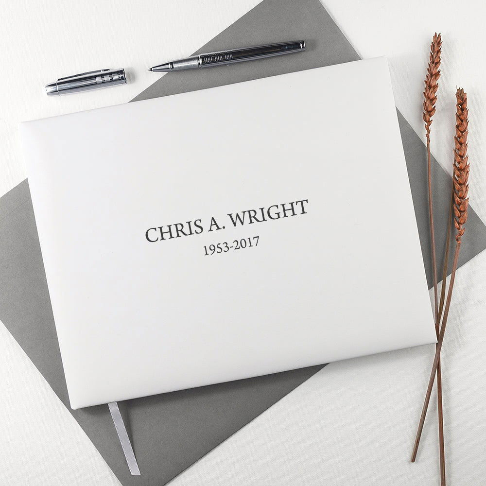 Personalized White Leather Memoriam Book  Leather Books Deeply Engraved