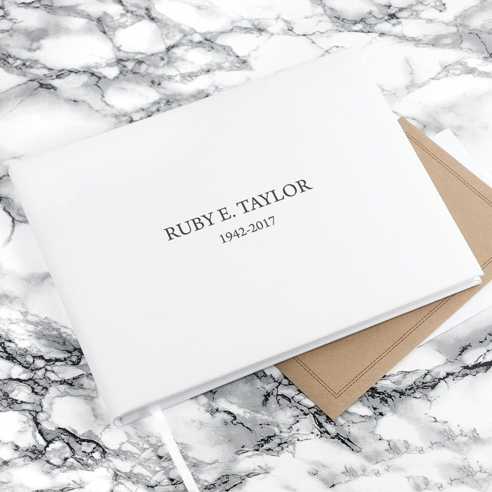 Personalized White Leather Memoriam Book  Leather Books Deeply Engraved