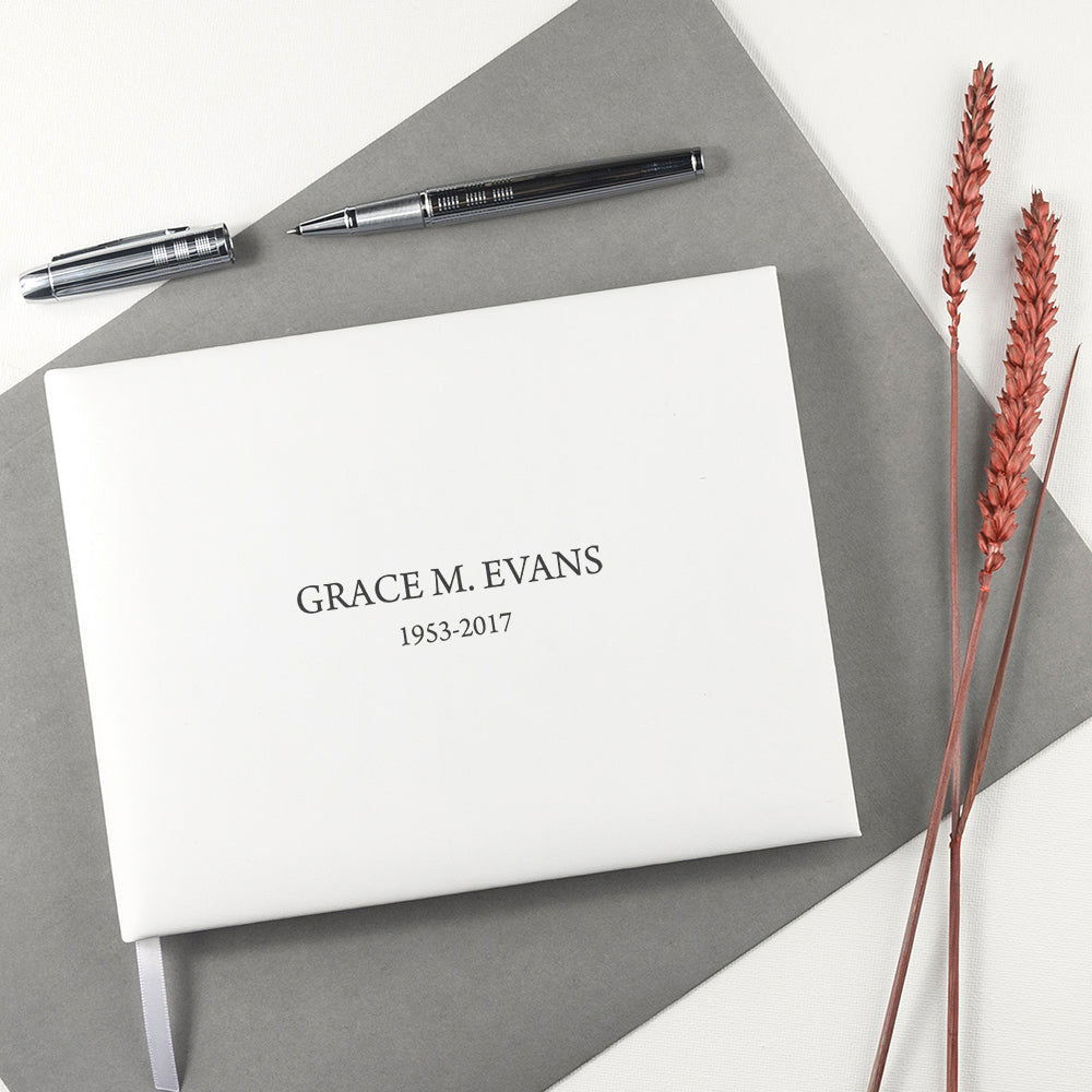 Personalized White Leather Memoriam Book  Leather Books Deeply Engraved