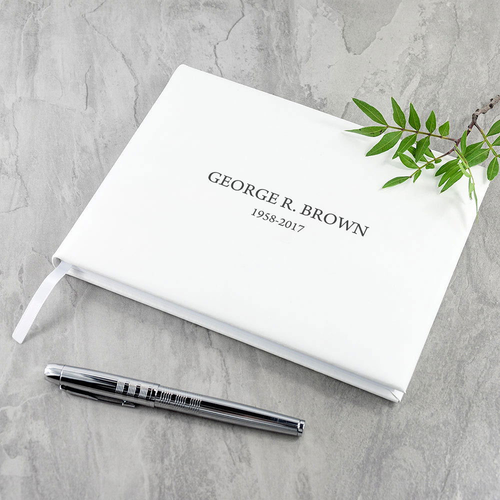 Personalized White Leather Memoriam Book  Leather Books Deeply Engraved