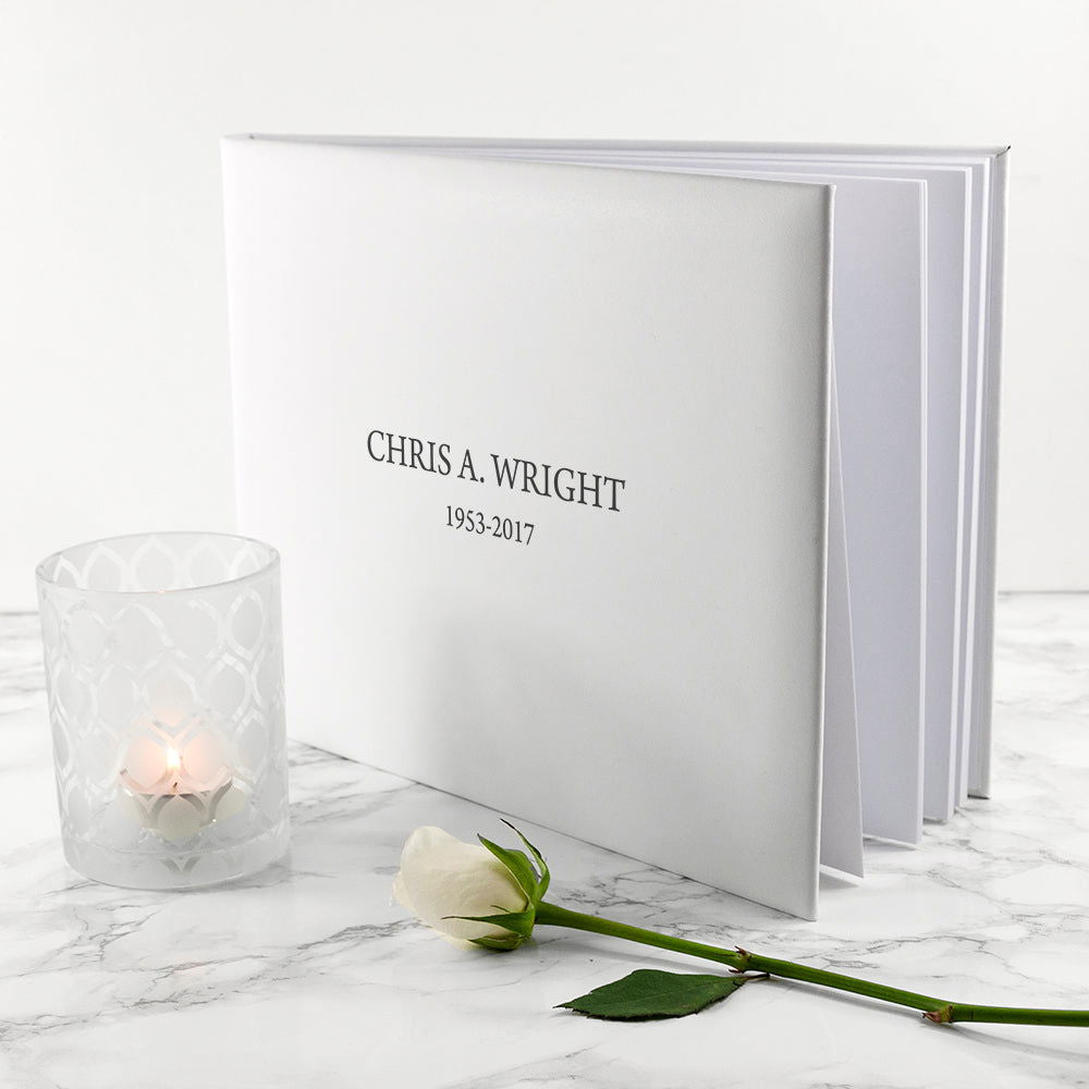 Personalized White Leather Memoriam Book  Leather Books Deeply Engraved