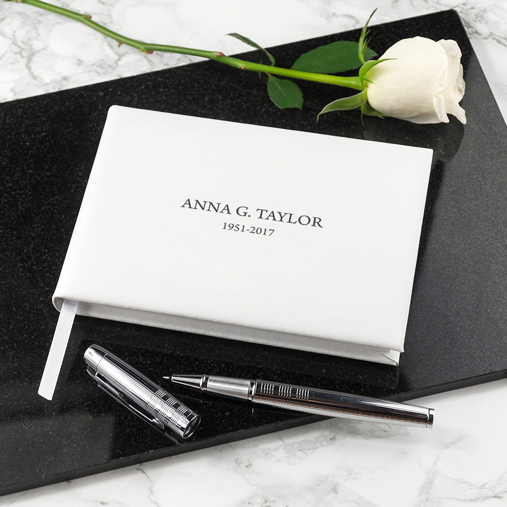 Personalized White Leather Memoriam Book  Leather Books Deeply Engraved