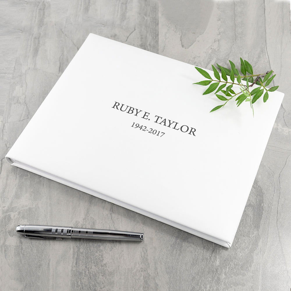 Personalized White Leather Memoriam Book  Leather Books Deeply Engraved