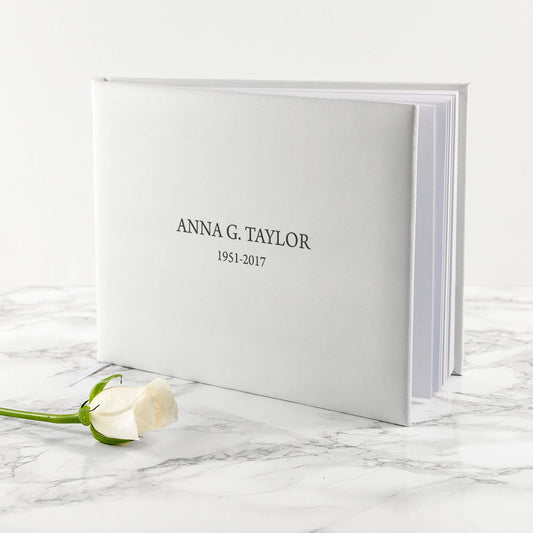 Personalized White Leather Memoriam Book  Leather Books Deeply Engraved