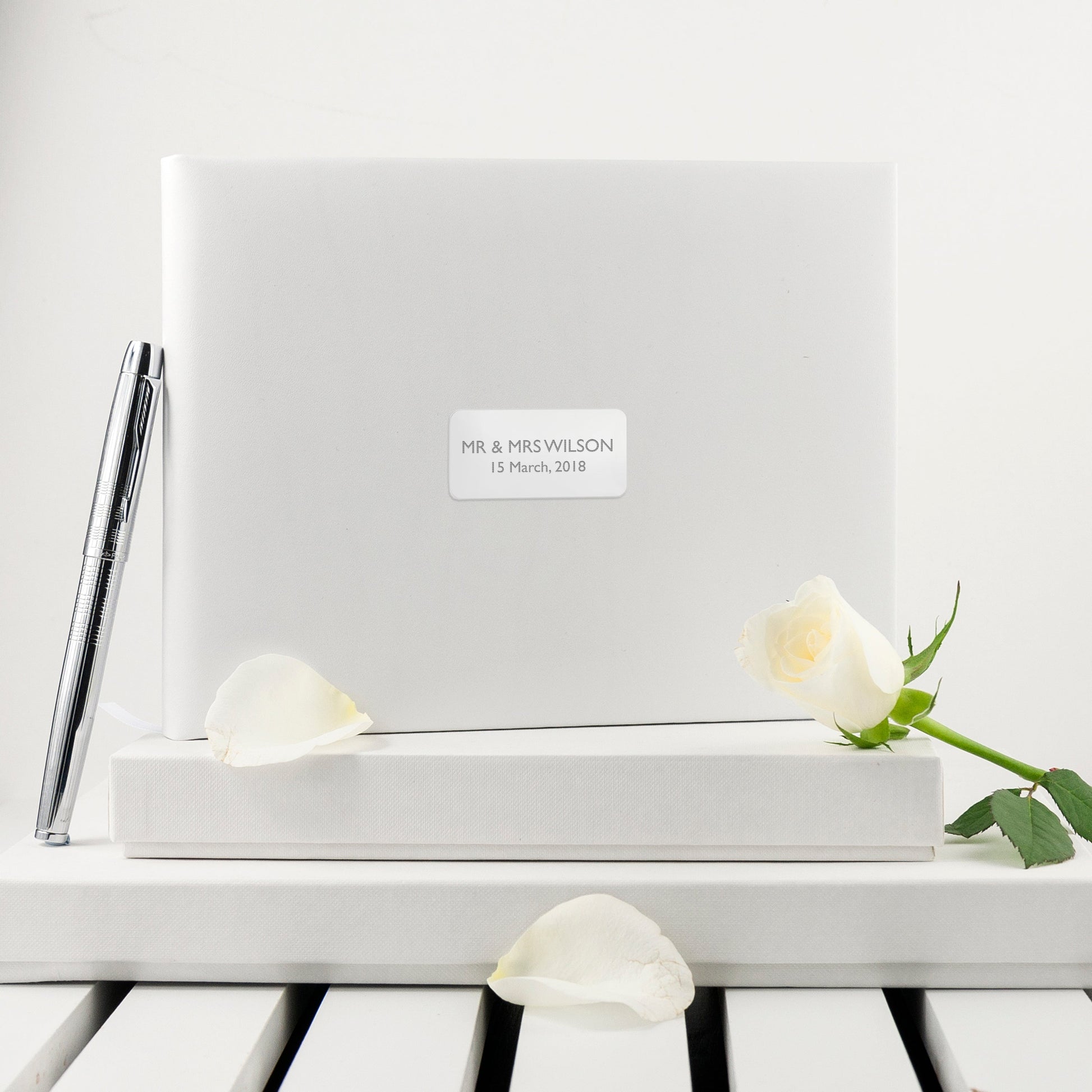 Personalized White Leather Wedding Guest Book  Leather Books Deeply Engraved