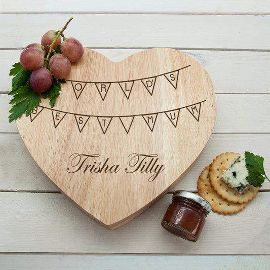 Personalized World's Best Mum Bunting Heart Cheese Board  Wooden Cheese Boards Deeply Engraved