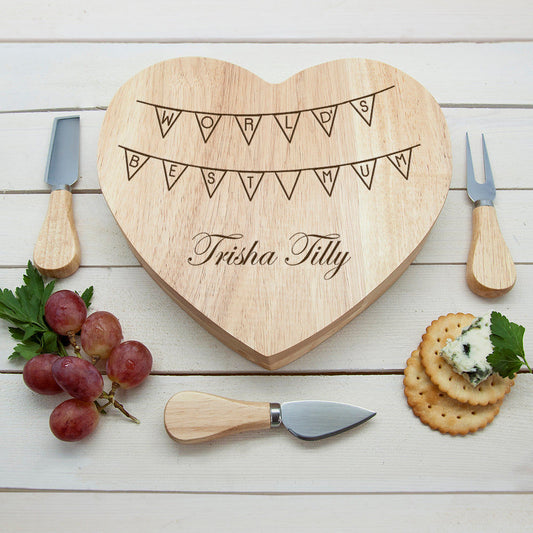 Personalized World's Best Mum Bunting Heart Cheese Board  Wooden Cheese Boards Deeply Engraved