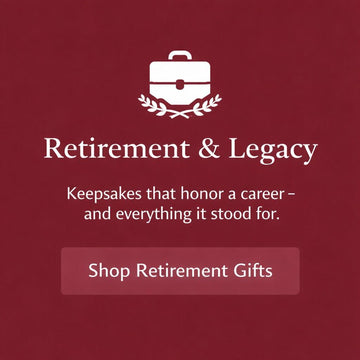 Promotional graphic for retirement gifts with a briefcase icon on a red background.