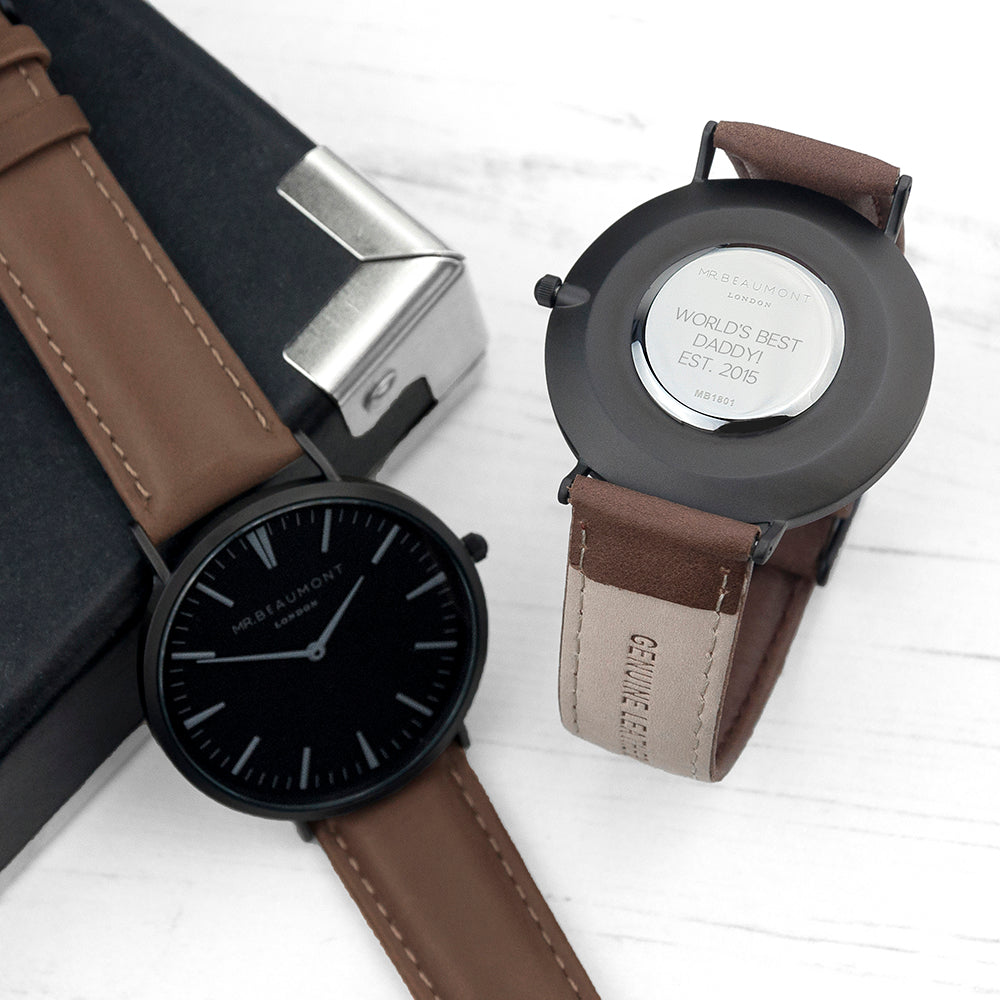 Men’s Personalized Watch in Vintage Brown Leather | Black Dial