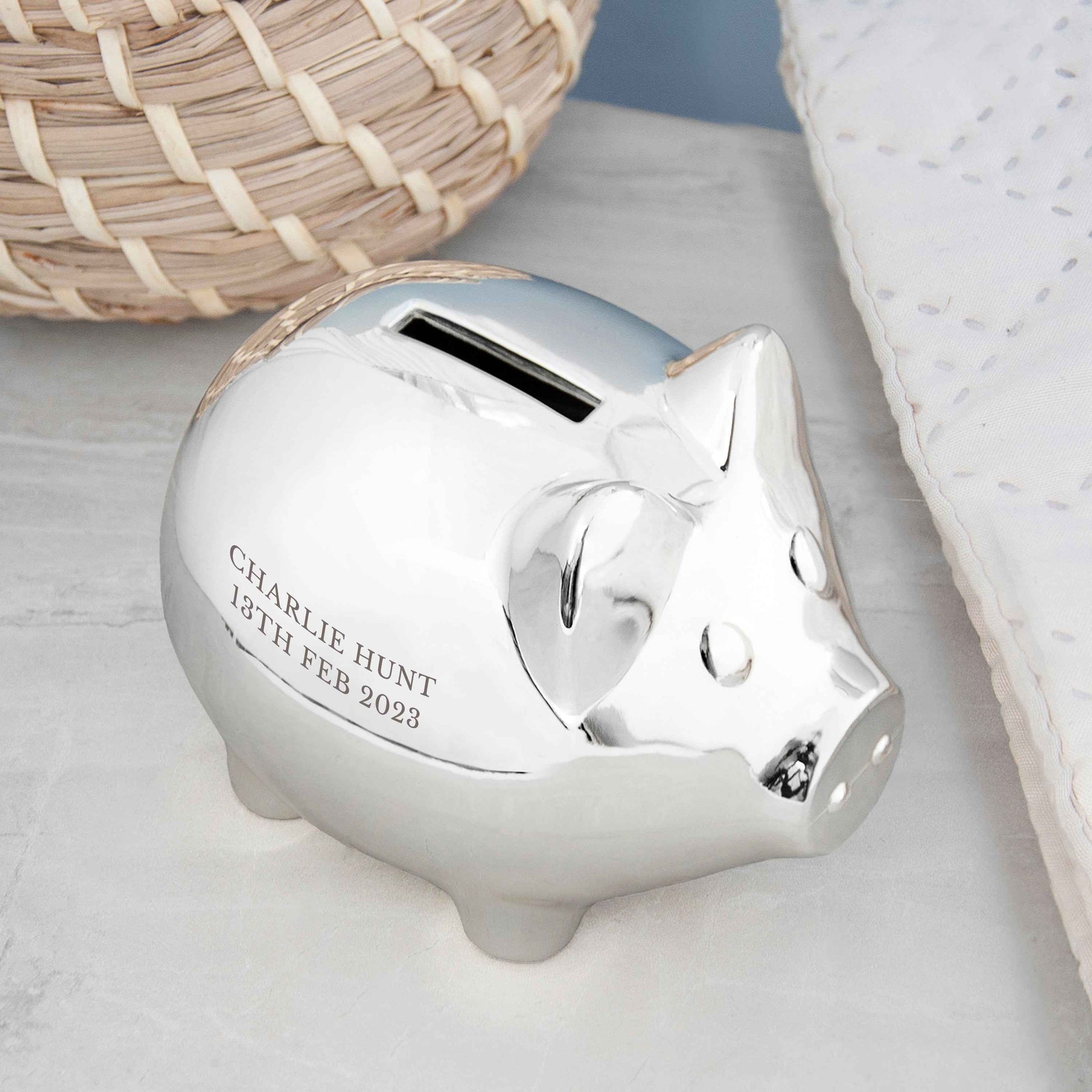 Silver Personalized Piggy Bank  Money Boxes Deeply Engraved