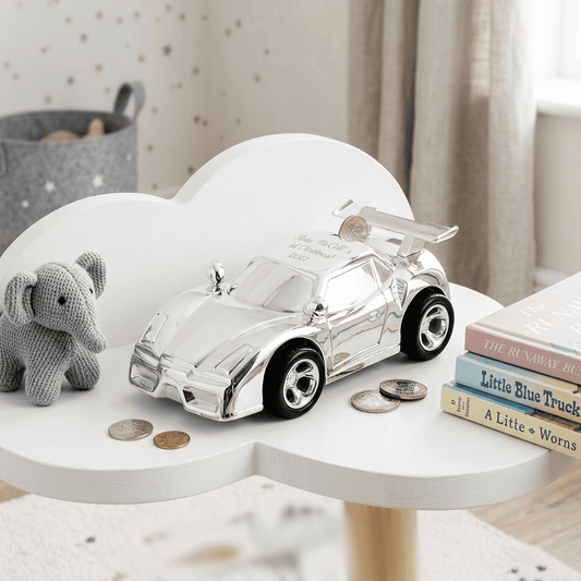 Silver car-shaped piggy bank 