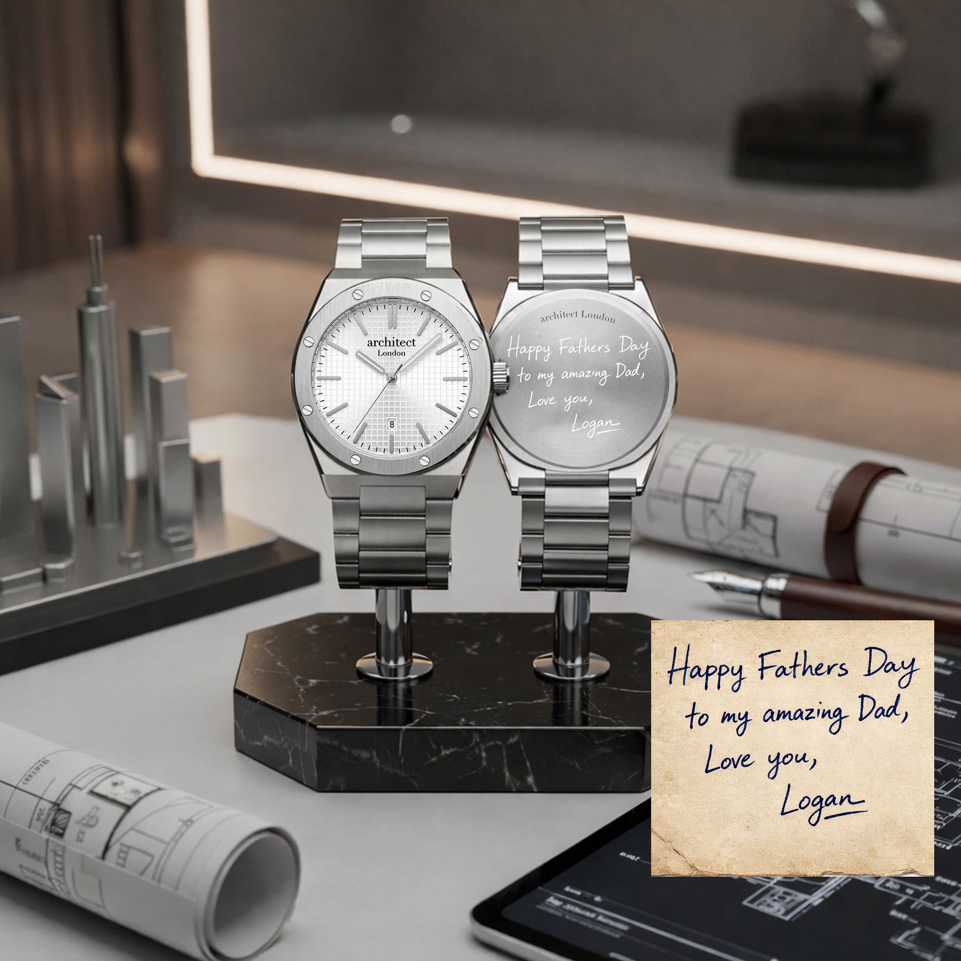 Soho – Handwriting Engraved Stainless Steel Watch (White Dial)  Men's Watches Deeply Engraved