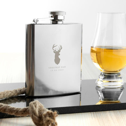 stainless steel 6oz hip flask featuring a custom-engraved stag head silhouette, personalized with two lines of text
