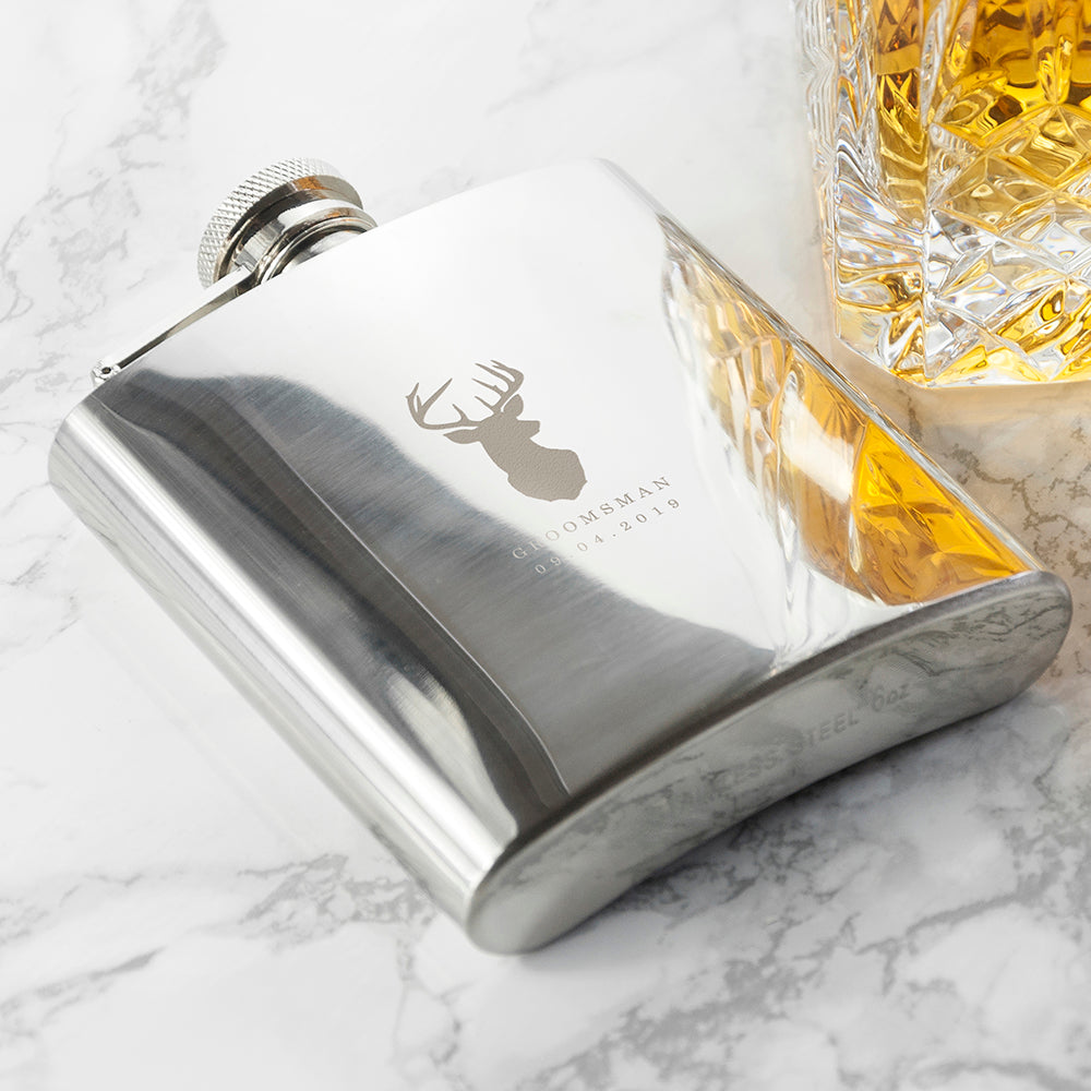Personalised engraved stainless steel 6oz hip flask for groomsmen and bachelor party gift, polished metal finish with custom name engraving option