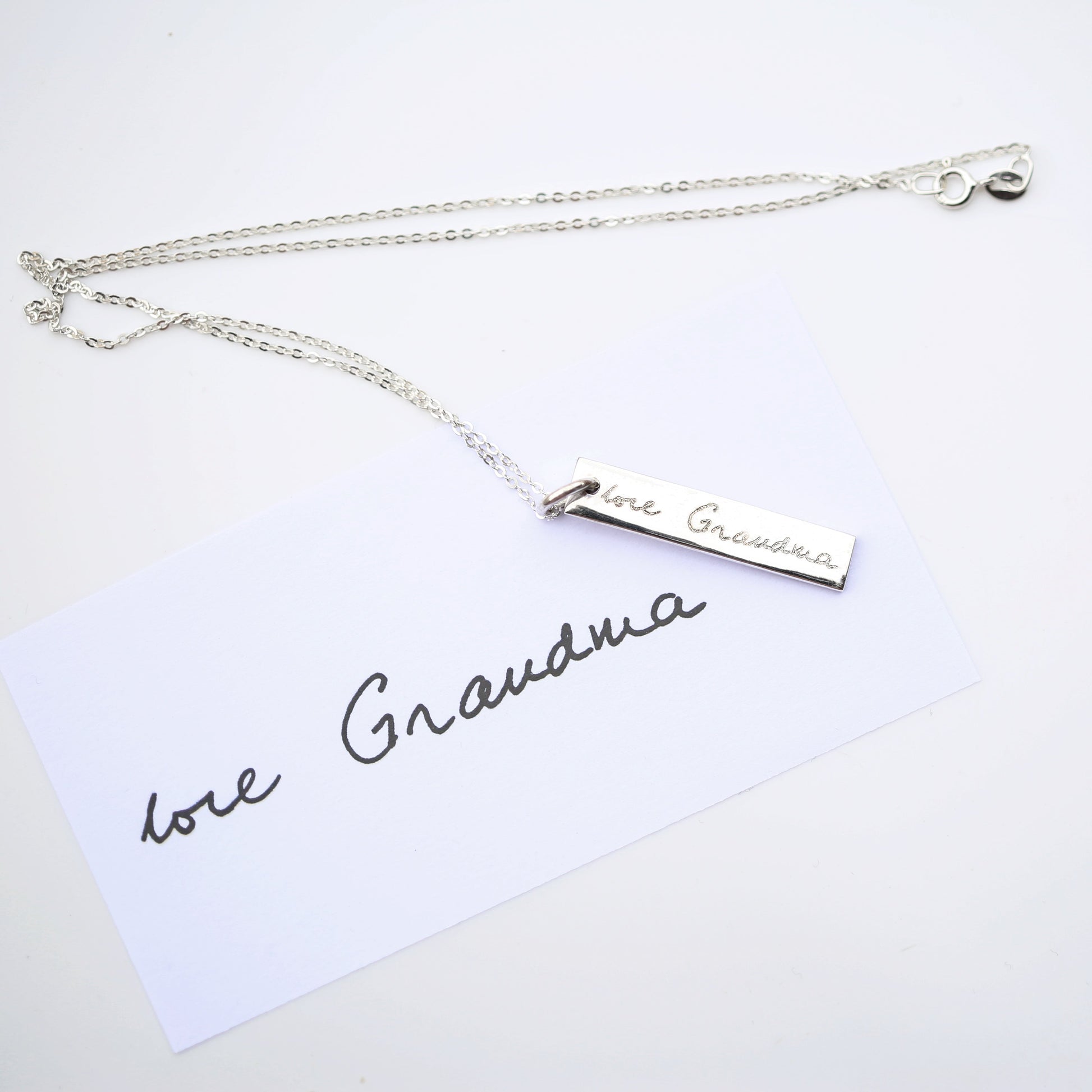 Sterling Silver Bar Necklace - Actual Handwriting  Necklaces Deeply Engraved