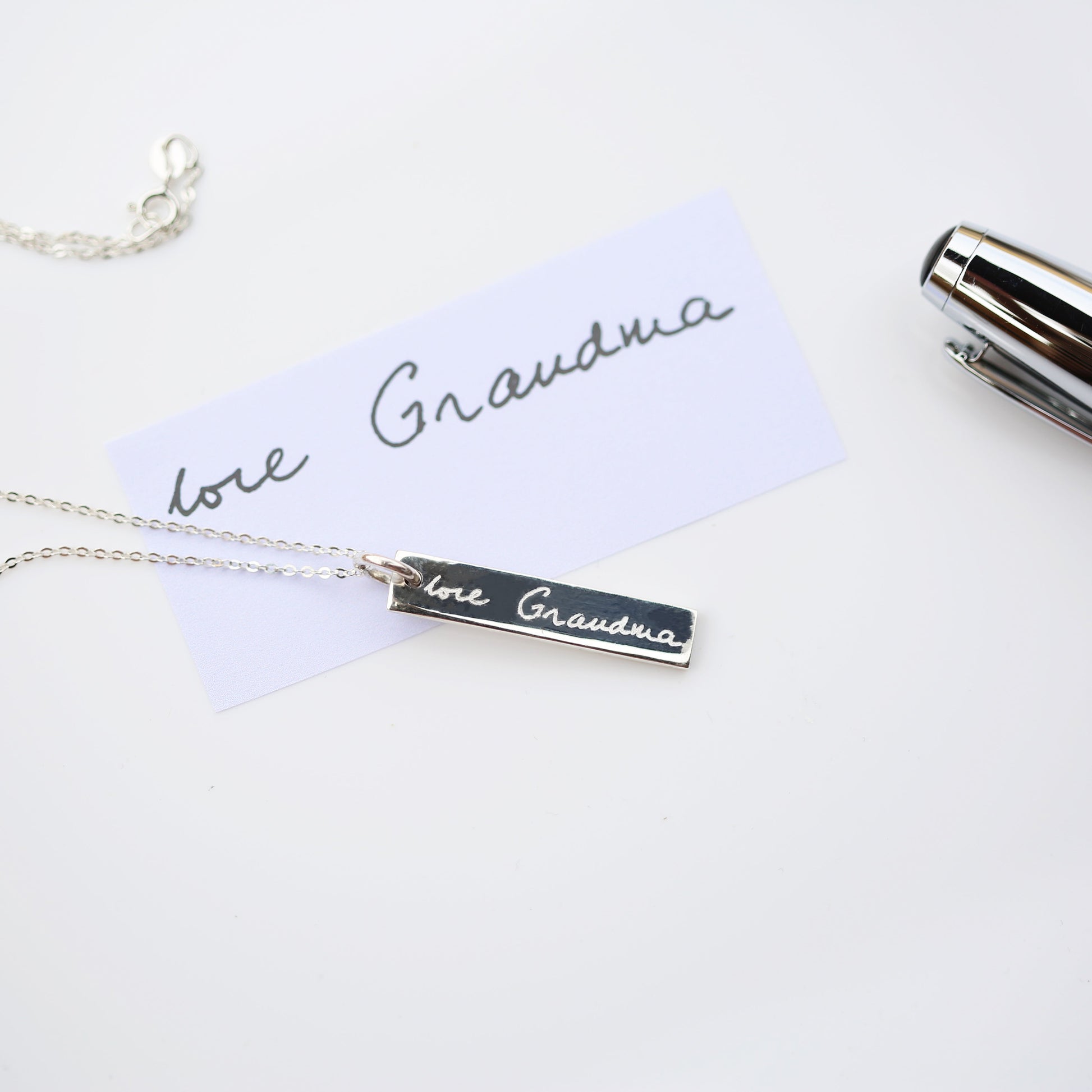 Sterling Silver Bar Necklace - Actual Handwriting  Necklaces Deeply Engraved