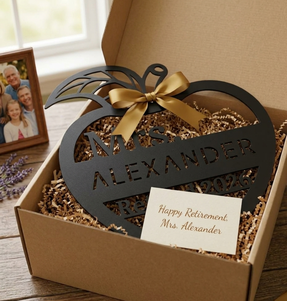 Personalized metal apple-shaped sign with a gold bow in a gift box, featuring a retirement message.