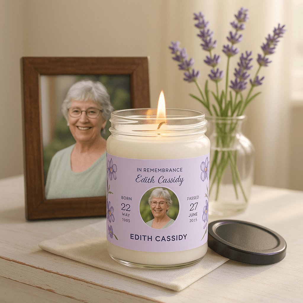 The Blooming Light: Personalized Memorial Candle  Scented Candles Deeply Engraved