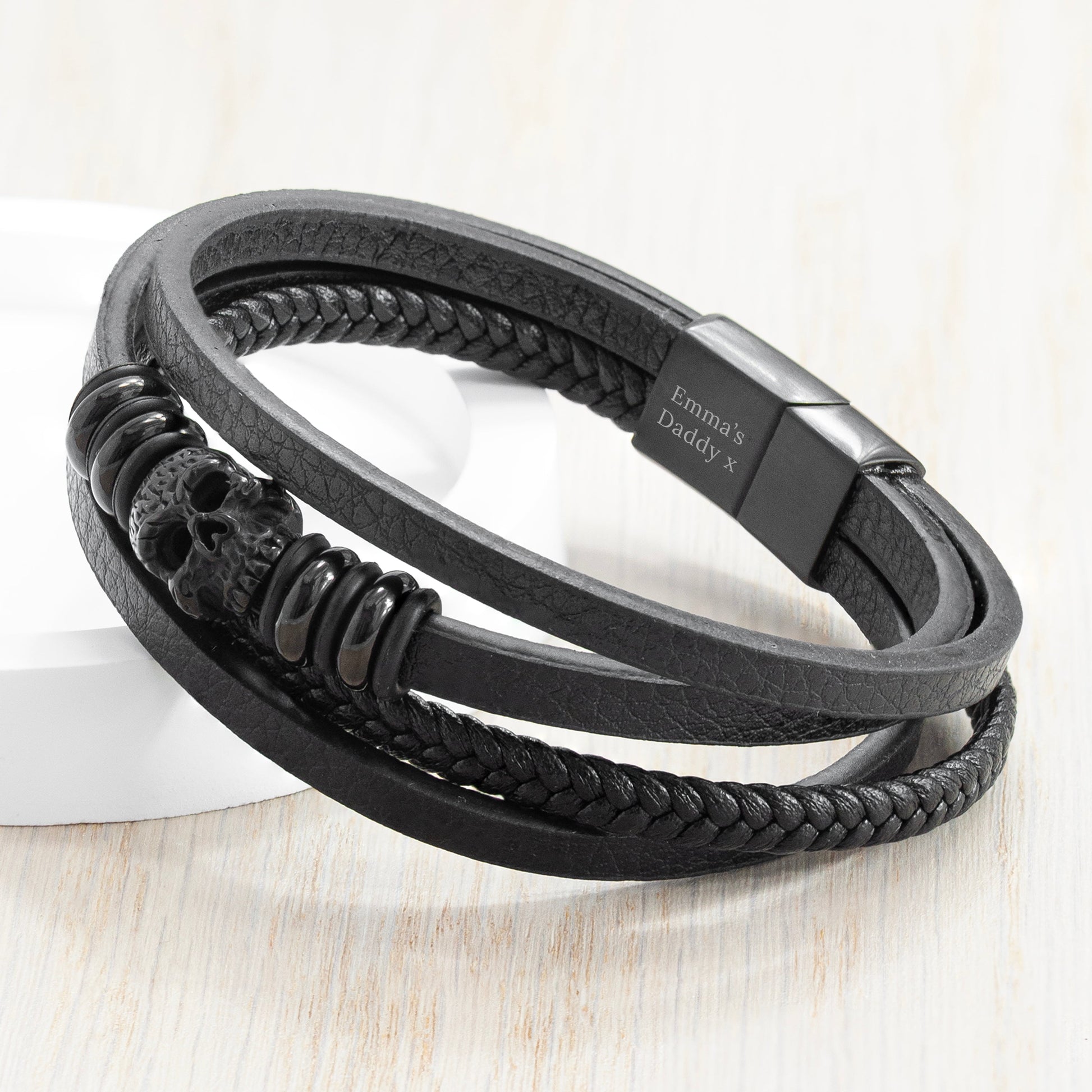 The Monoskull Bracelet — Stacked Leather  Men's Bracelets Deeply Engraved