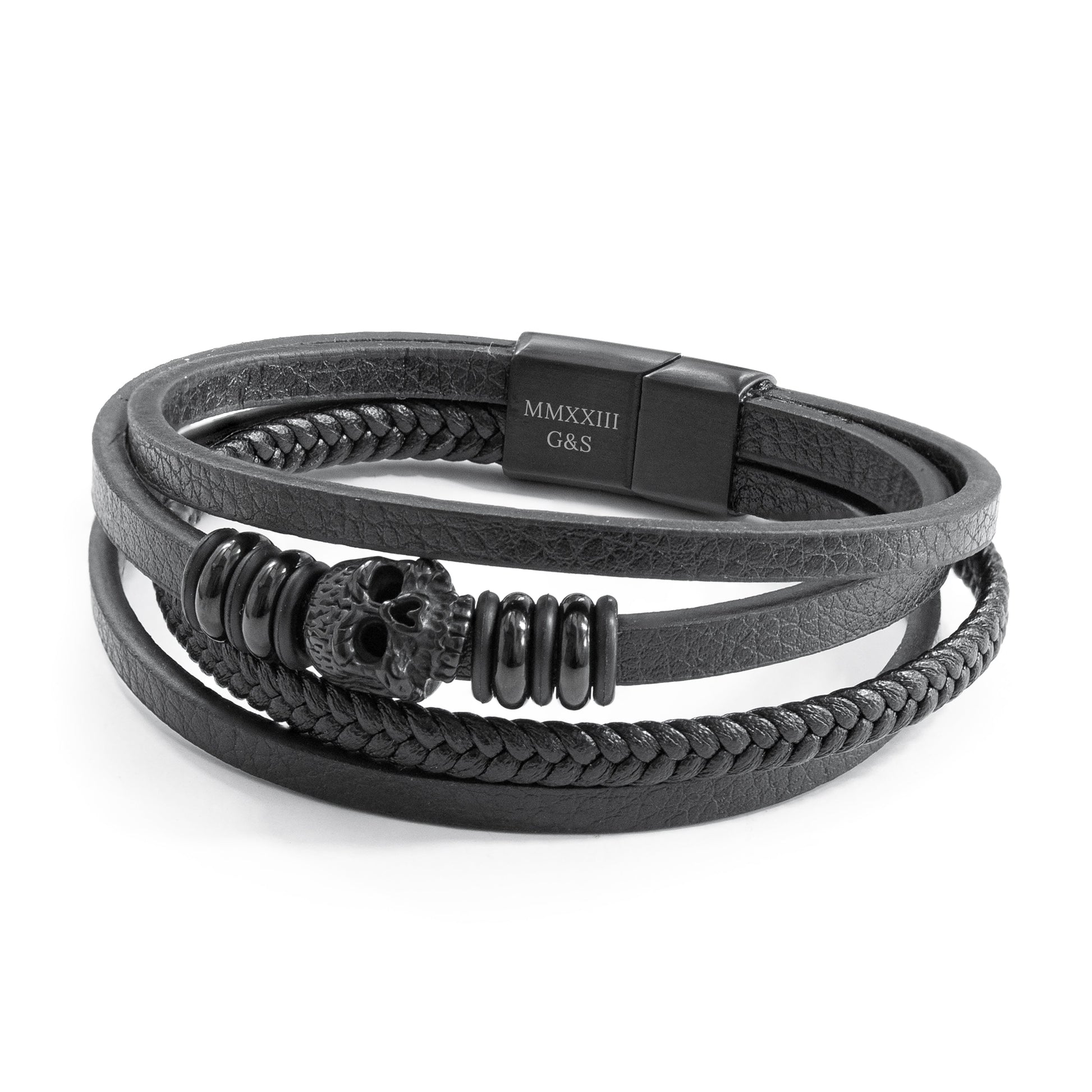 The Monoskull Bracelet — Stacked Leather  Men's Bracelets Deeply Engraved