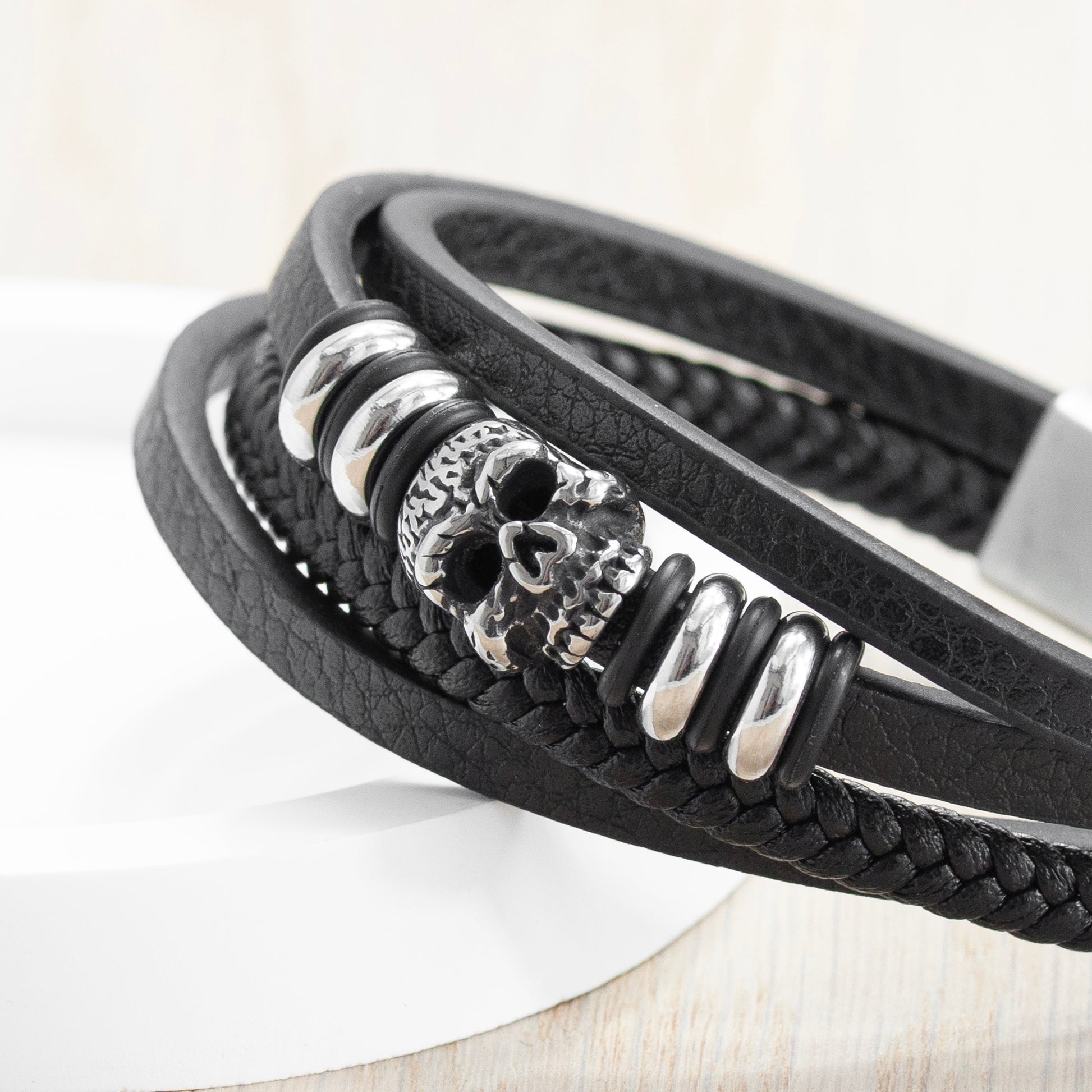 The Monoskull Bracelet — Stacked Leather  Men's Bracelets Deeply Engraved
