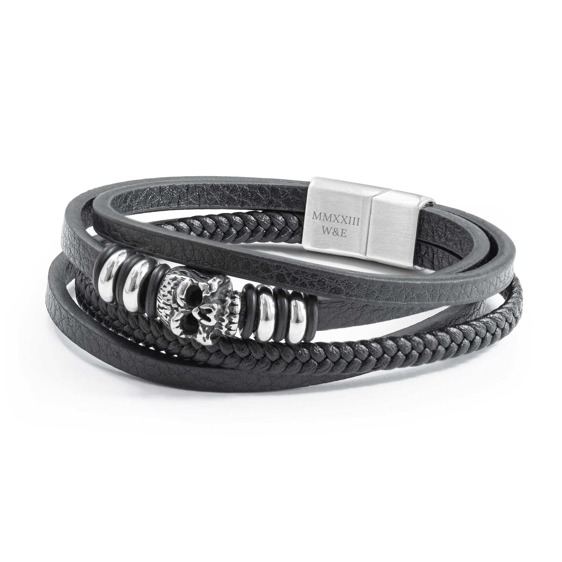The Monoskull Bracelet — Stacked Leather  Men's Bracelets Deeply Engraved