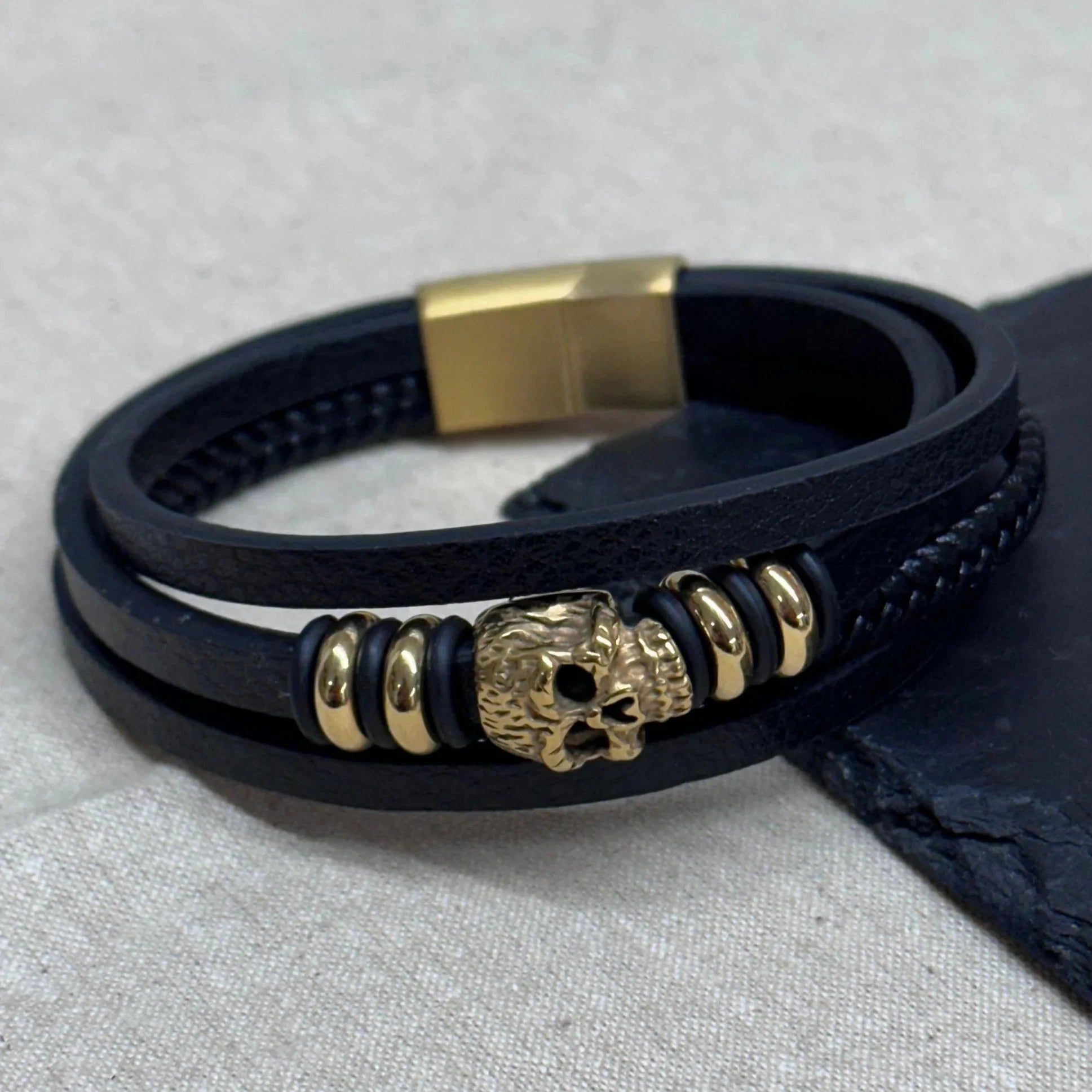 The Monoskull Bracelet — Stacked Leather  Men's Bracelets Deeply Engraved