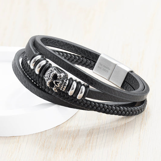 The Monoskull Bracelet — Stacked Leather  Men's Bracelets Deeply Engraved