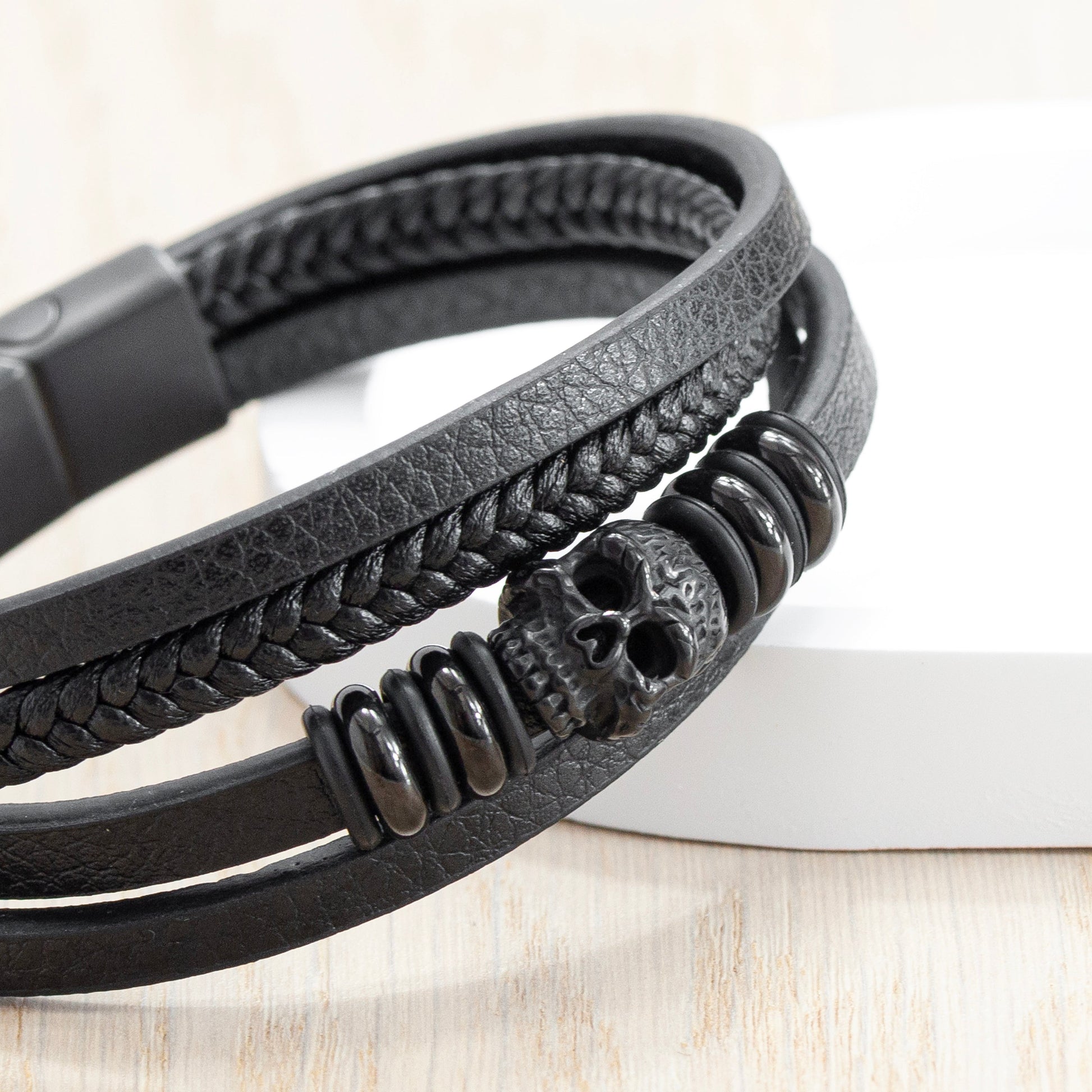 The Monoskull Bracelet — Stacked Leather  Men's Bracelets Deeply Engraved