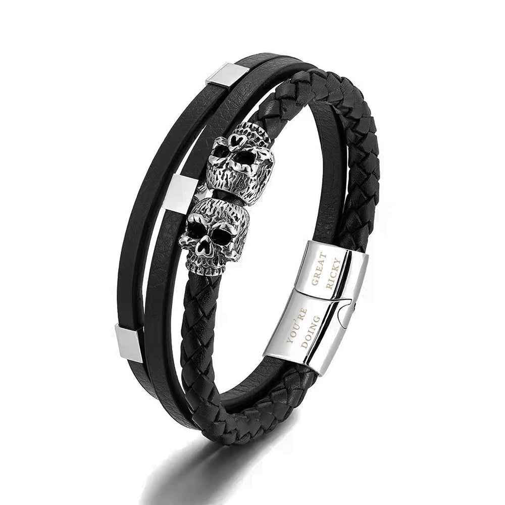 Twin Reaper – Engraved Skulls Leather Bracelet  Men's Bracelets Deeply Engraved