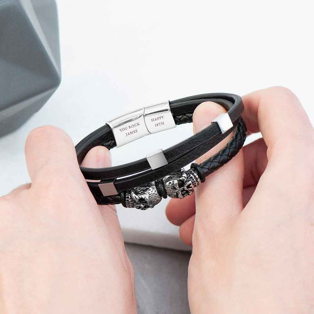 Twin Reaper – Engraved Skulls Leather Bracelet  Men's Bracelets Deeply Engraved