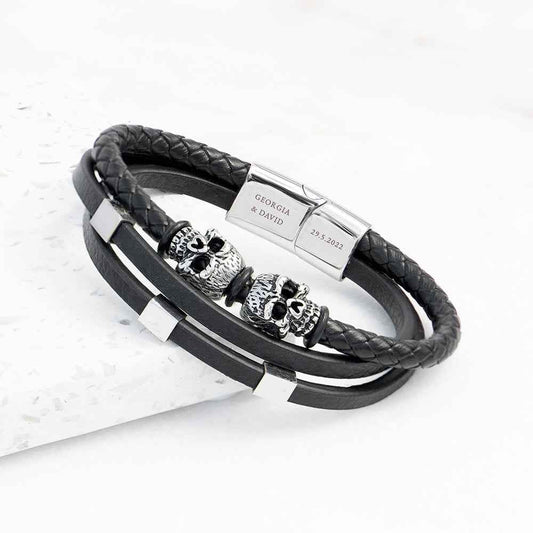 Twin Reaper – Engraved Skulls Leather Bracelet  Men's Bracelets Deeply Engraved