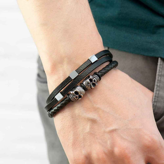 Twin Reaper – Engraved Skulls Leather Bracelet  Men's Bracelets Deeply Engraved