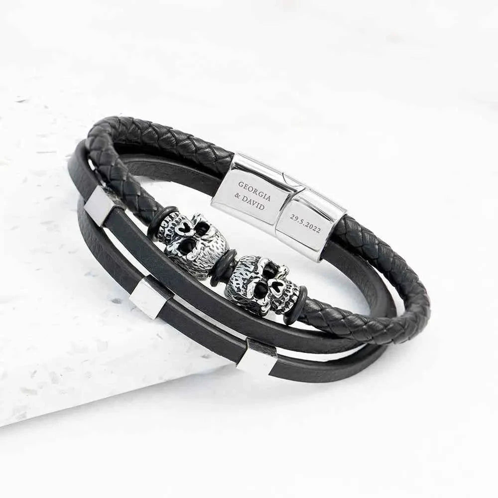 Twin Reaper – Engraved Skulls Leather Bracelet  Men's Bracelets Deeply Engraved