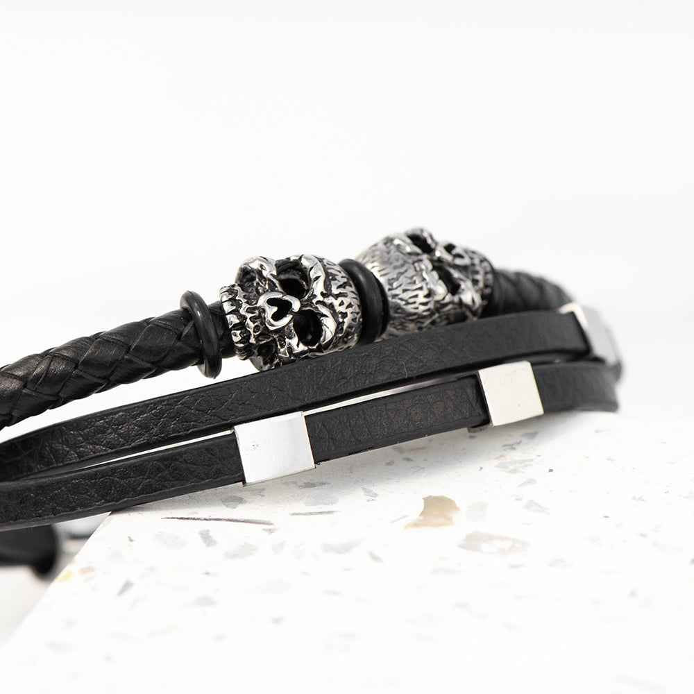 Twin Reaper – Engraved Skulls Leather Bracelet  Men's Bracelets Deeply Engraved