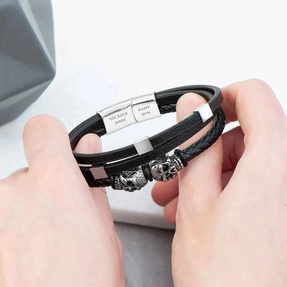 Twin Reaper – Engraved Skulls Leather Bracelet  Men's Bracelets Deeply Engraved