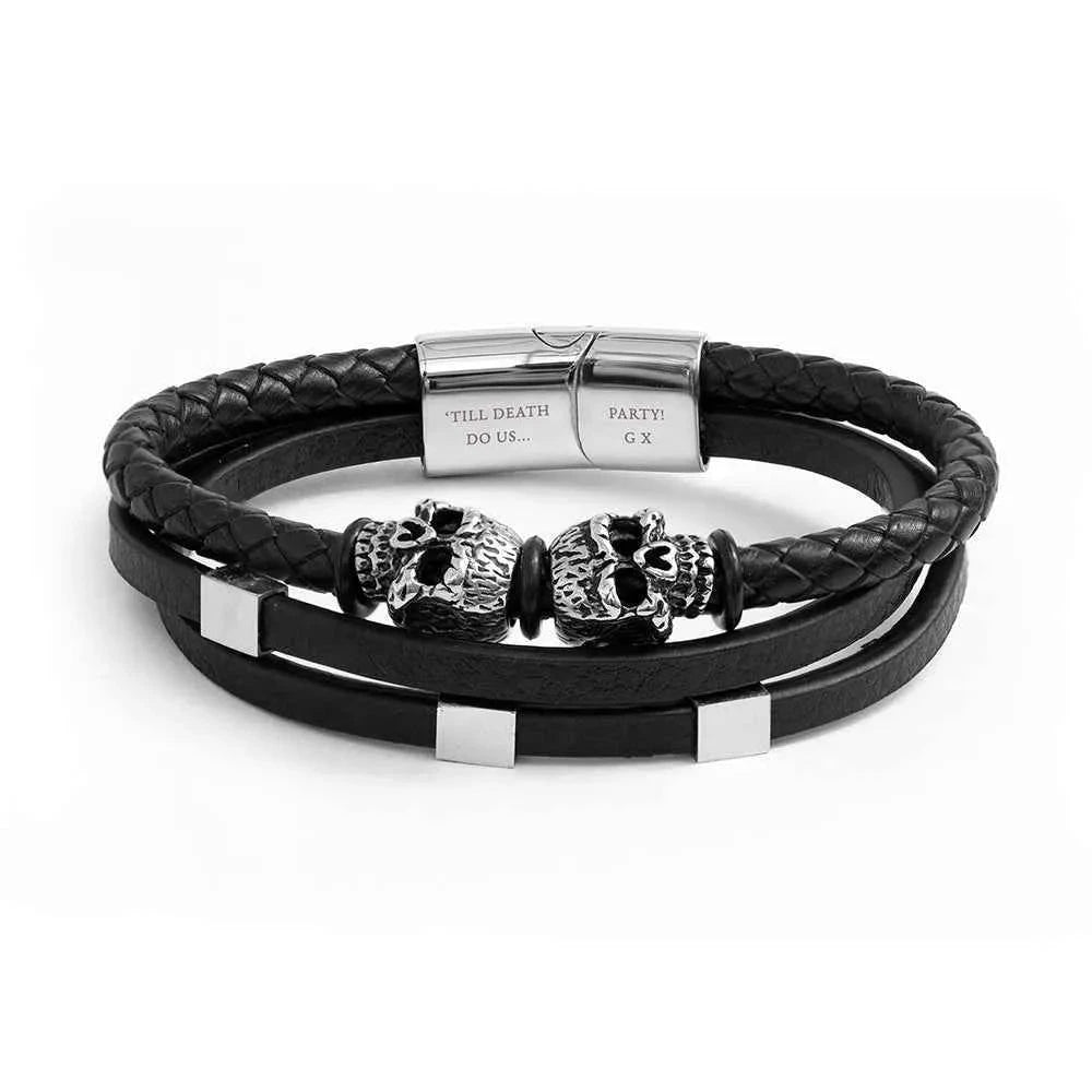 Twin Reaper – Engraved Skulls Leather Bracelet  Men's Bracelets Deeply Engraved