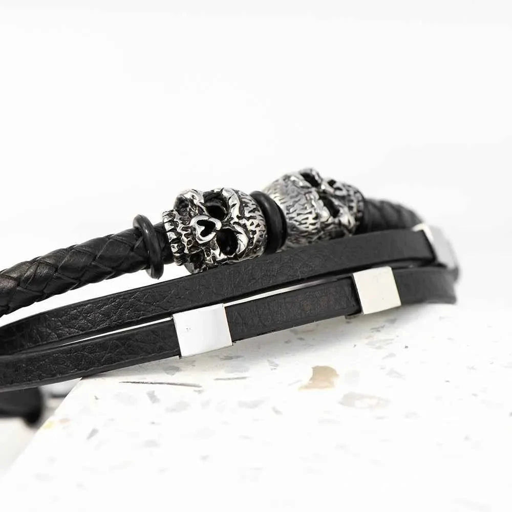 Twin Reaper – Engraved Skulls Leather Bracelet  Men's Bracelets Deeply Engraved