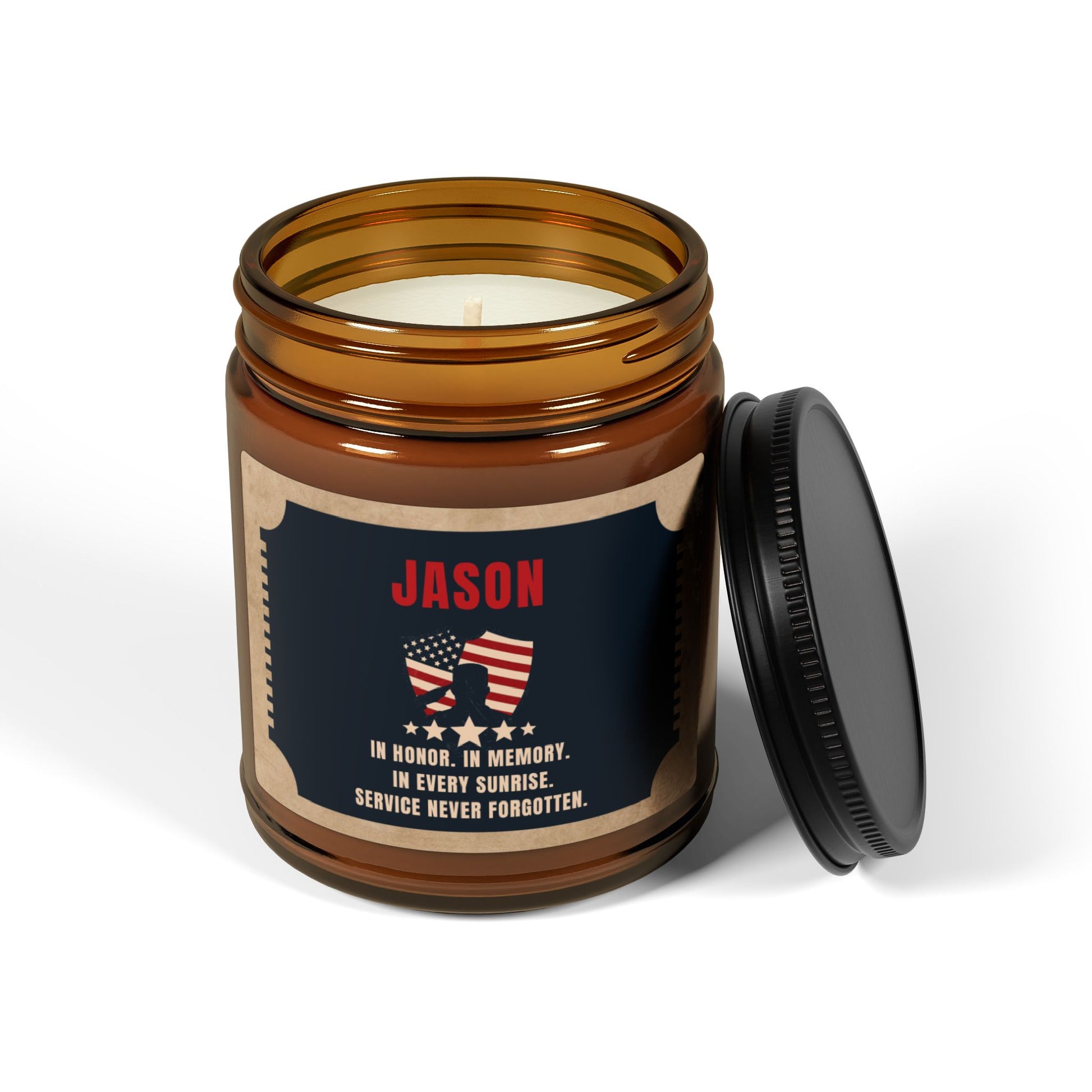 Veteran tribute candle honoring service with personalized design and memory inscription