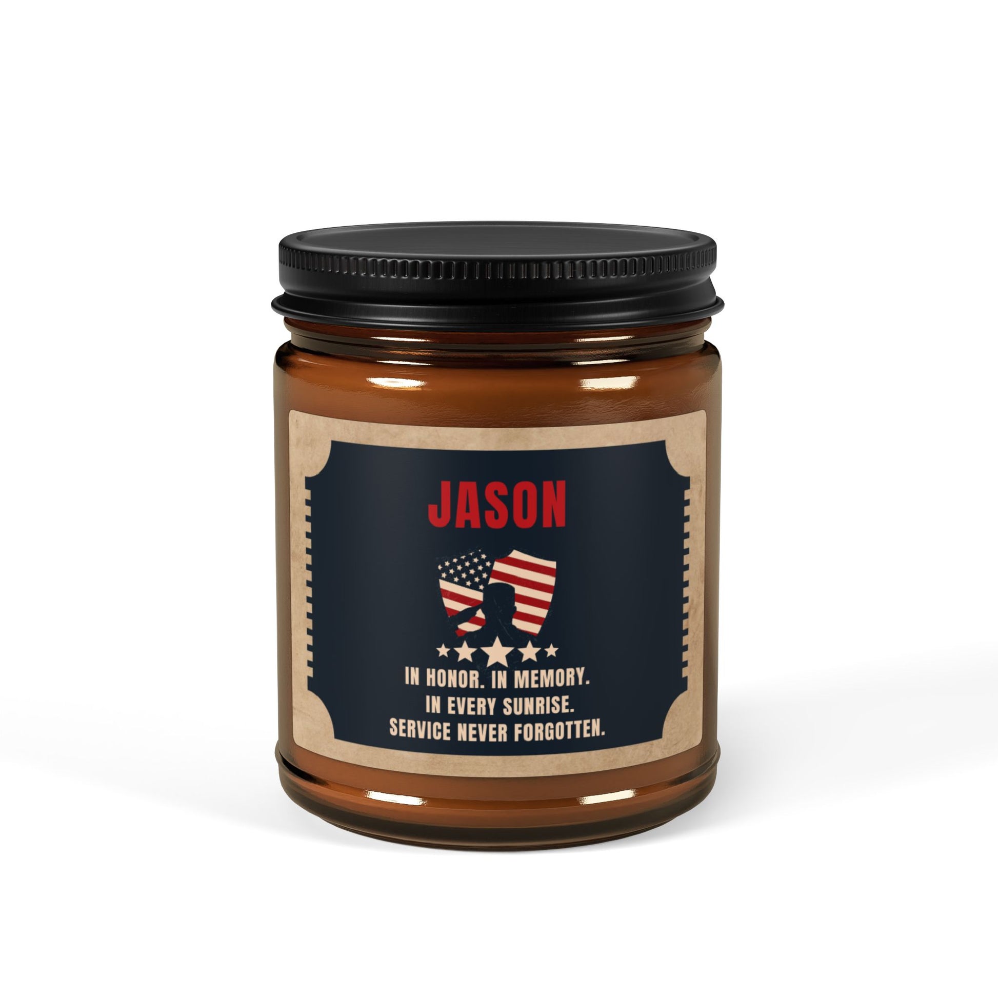 Veteran tribute candle featuring custom name and patriotic design with heartfelt message