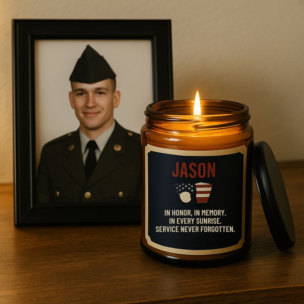 Veteran tribute candle honoring service with a personalized label and a photo of a soldier