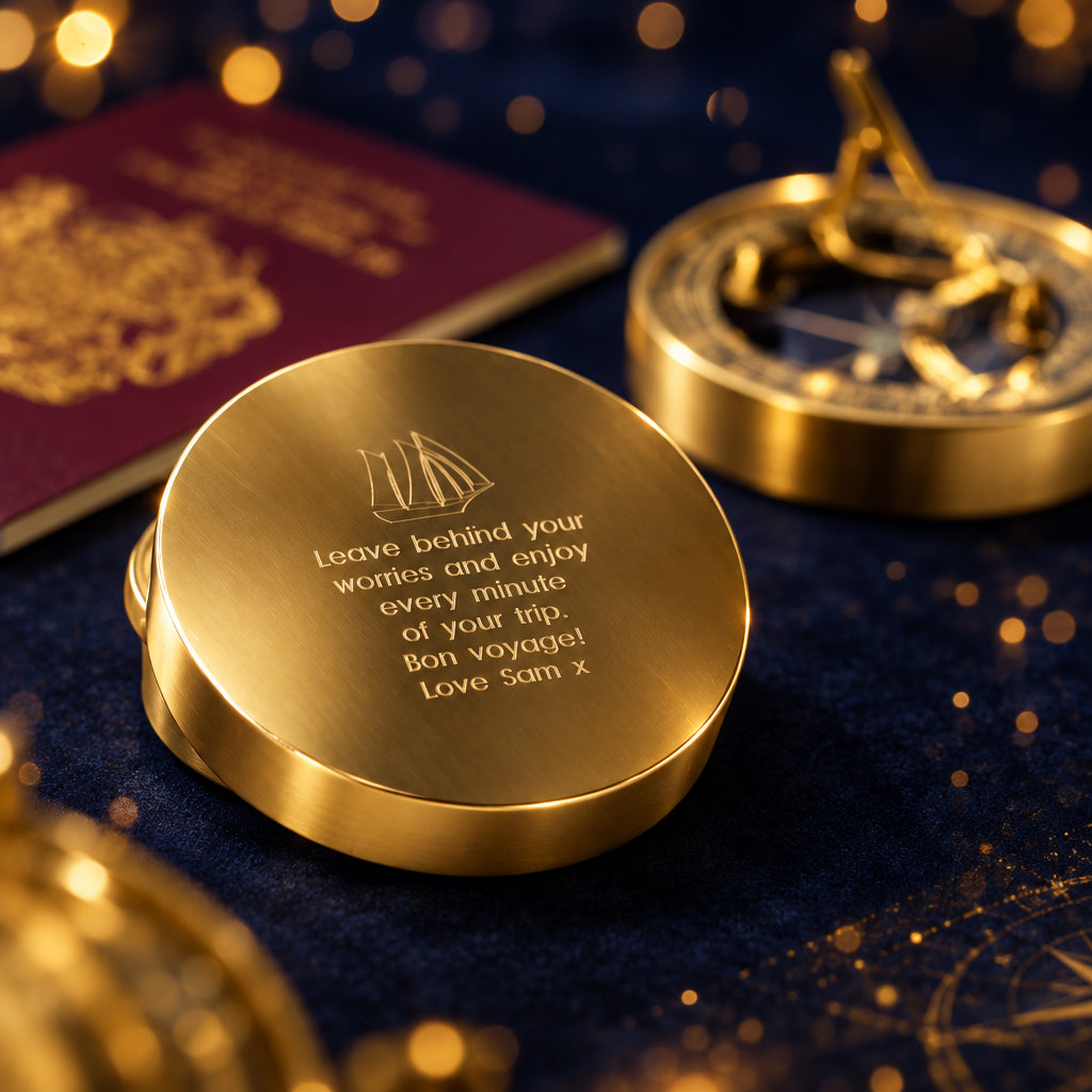 Custom engraved nautical brass compass with a detailed sailing ship icon for retirement and going-away gifts